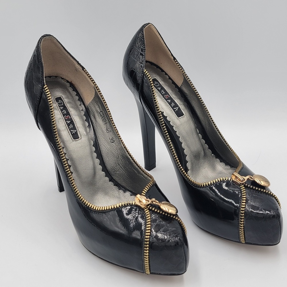 DanSara Zipper Black Gold Heels 5in Punk Edgy Grunge Size 9‎  Italy